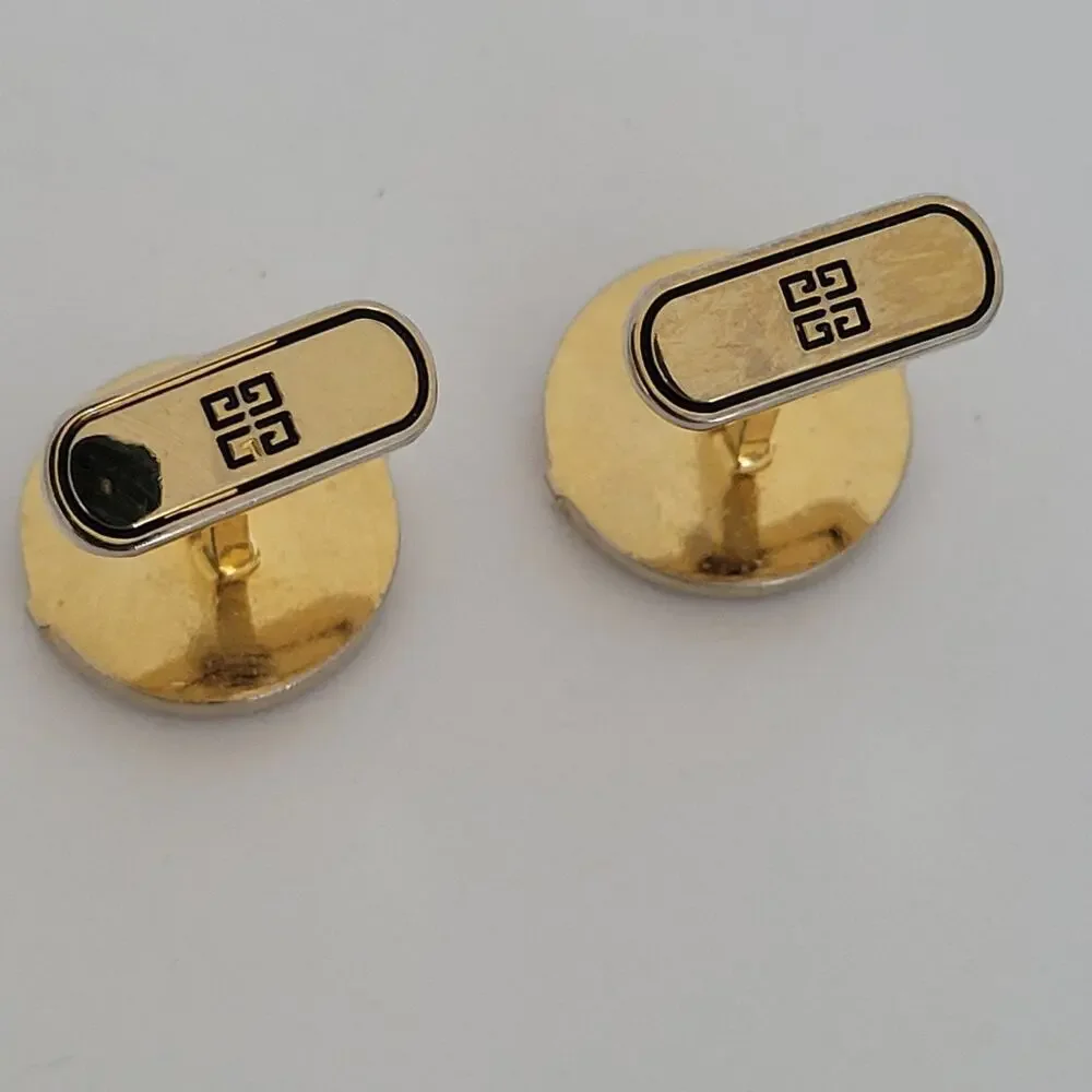 Givenchy Cufflinks Set Gold Silver Tone Logo Vintage Round Buttons Retro Whale